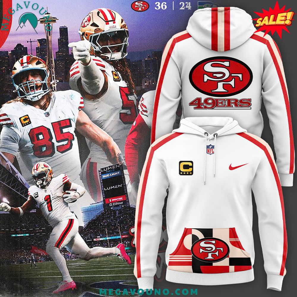 San Francisco 49ers White Hoodie with Red Stripes on the Sleeves